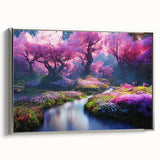 Framed canvas wall art of a serene landscape garden design with a silver frame, showcasing vibrant colors and intricate details, perfect for home decor.