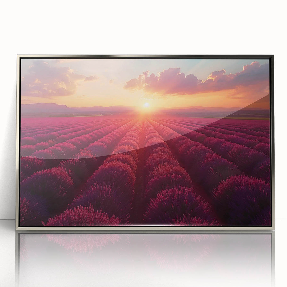Framed wall art collection showcasing a vibrant landscape design with lush greenery and blue skies, featuring a sleek silver frame that enhances the decor style.