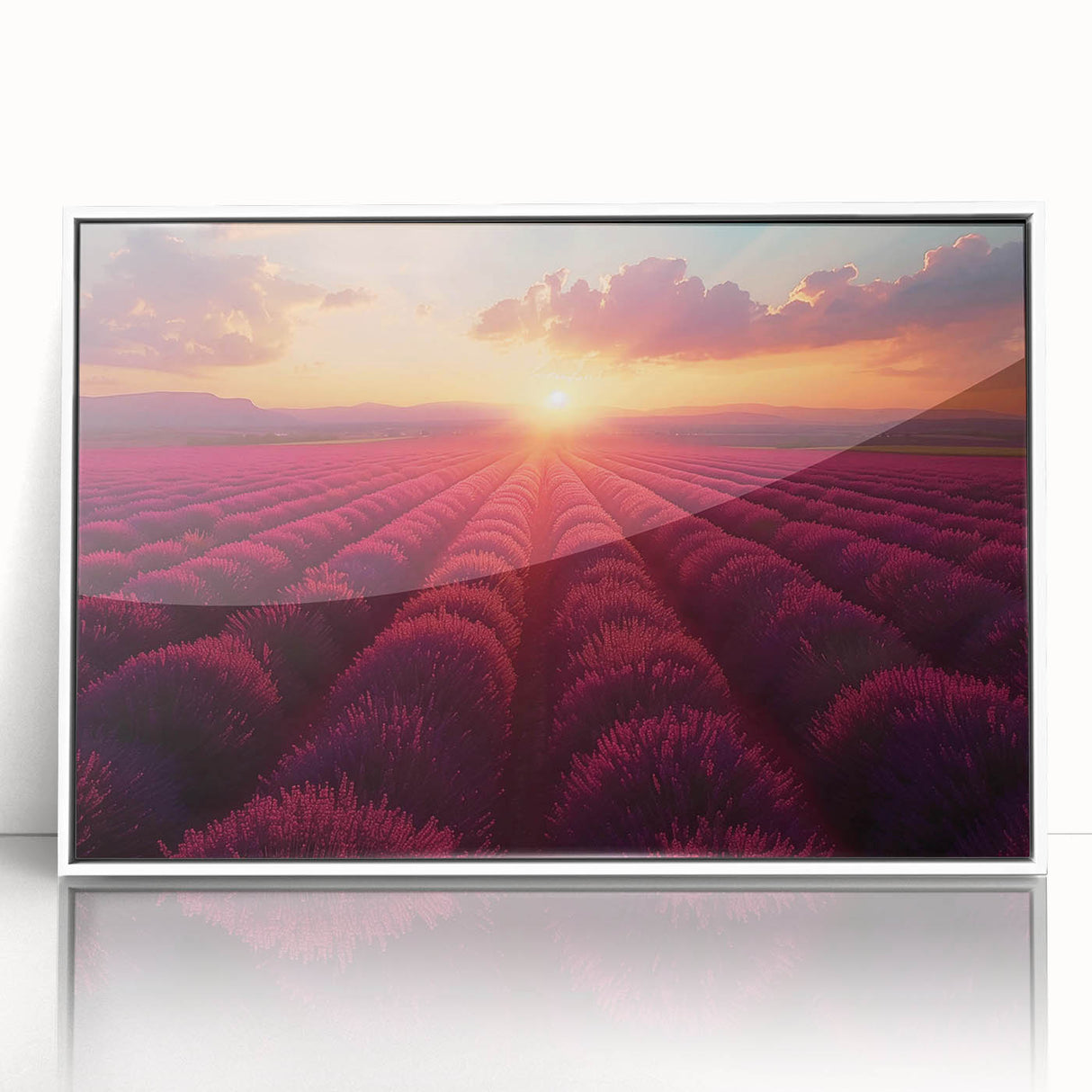 Framed acrylic wall art showcasing a vibrant landscape garden design, featuring a white border and sleek front view, perfect for modern home decor.