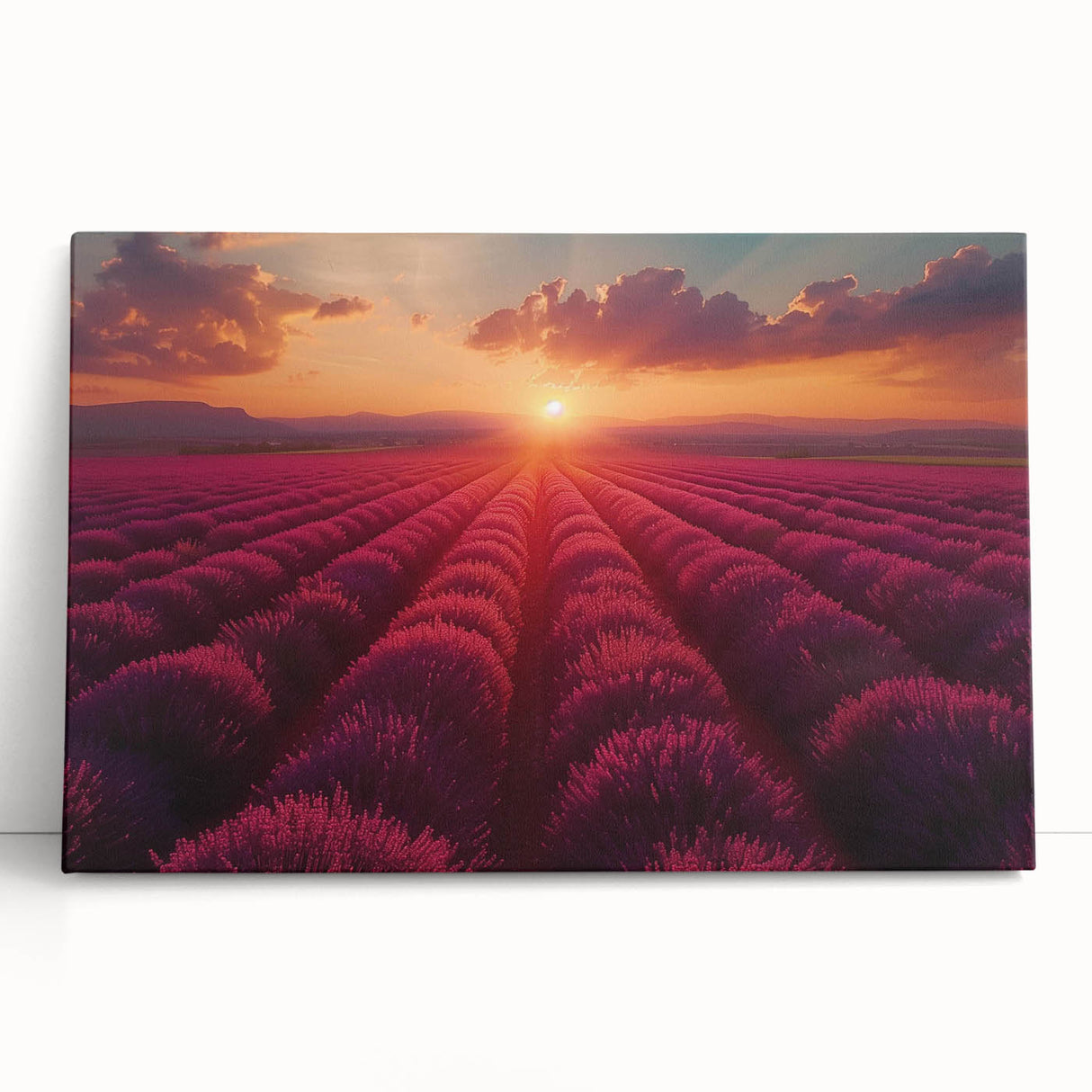 Stretched canvas artwork showcasing a vibrant landscape garden design, featuring lush greenery and soft pastel colors, perfect for home décor. The piece leans against a wall, emphasizing its artistic appeal.