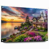 Acrylic wall art display showcasing a vibrant landscape garden design, featuring rich colors and intricate details, mounted on a sleek glass frame with visible pins for a modern aesthetic. Ideal for enhancing home decor with nature-inspired themes.