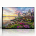 Framed acrylic wall art showcasing a vibrant landscape garden design, featuring lush greenery and colorful flowers, presented in a sleek black frame for a modern aesthetic.