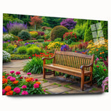 Acrylic glass wall art showcasing a vibrant landscape garden design, featuring lush greenery and colorful flowers, elegantly displayed from a side view without pins.