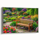 Framed canvas wall art showcasing a serene landscape design with vibrant colors and intricate details, elegantly displayed from a side view with a sleek silver frame.
