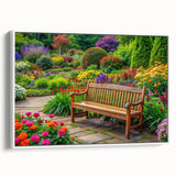 Framed canvas wall art showcasing a vibrant landscape garden design, presented in a sleek white frame with a side view, perfect for enhancing home decor.