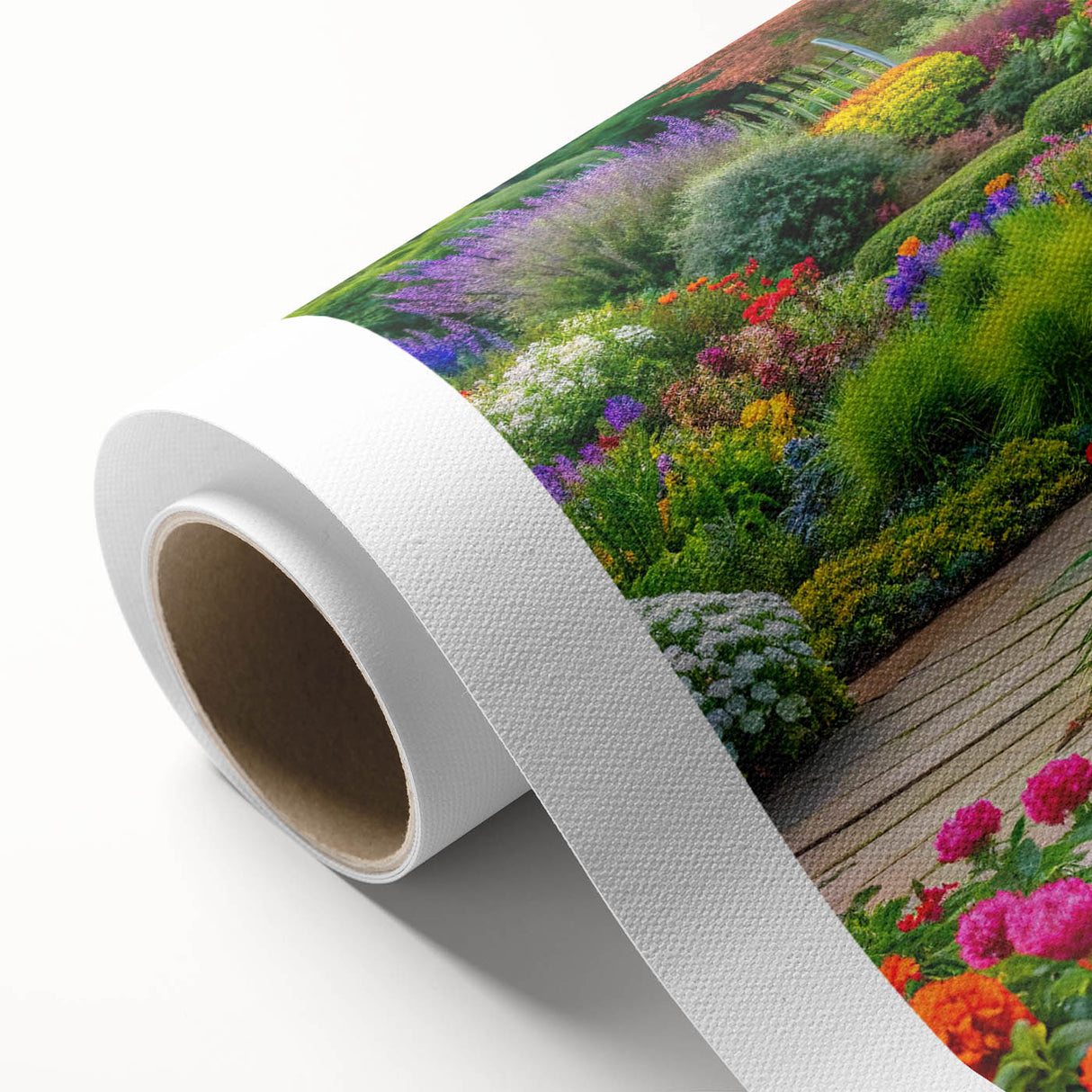 Rolled canvas art showcasing a vibrant landscape design with lush greenery and colorful flowers, elegantly packaged in a protective cardboard tube for safe delivery.