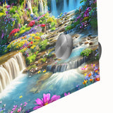 Close-up of an acrylic glass wall art piece showcasing a vibrant landscape and garden design, featuring lush greenery and colorful flowers, perfect for home decor.