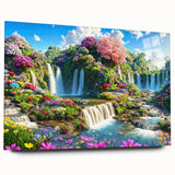 Acrylic glass artwork showcasing a vibrant landscape garden design, displayed in a side view without pins, perfect for modern home decor.