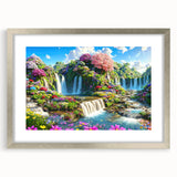 Elegant silver-framed wall art showcasing a stunning landscape garden design, complete with a mat for added depth, perfect for enhancing home decor aesthetics.