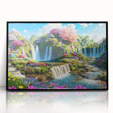 Framed acrylic wall art featuring a vibrant landscape garden design, showcasing lush greenery and colorful flowers, presented in a sleek black frame for an elegant touch.