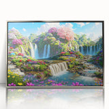 Framed acrylic wall art of a landscaped garden design, showcasing vibrant colors and intricate details, set in a sleek silver frame, perfect for modern decor.