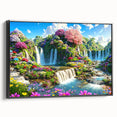 Framed canvas artwork showcasing a serene landscape garden design with vibrant colors and intricate details, presented in a sleek black frame, ideal for home decor.
