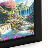Framed canvas wall art showcasing a vibrant landscape garden design with lush greenery and colorful flowers, ideal for enhancing home decor and creating a serene atmosphere.