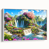 Framed canvas wall art showcasing a stunning landscape design with vibrant colors, set against a white background, ideal for home decor. Perfect for enhancing modern interiors.