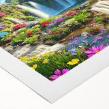 Rolled canvas print showcasing a vibrant landscape garden design with lush greenery and colorful flowers, perfect for enhancing home decor aesthetics.