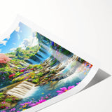 Vibrant rolled print of a serene landscape garden design, showcasing lush greenery and colorful flowers, ideal for home decor in a contemporary setting.