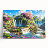 Stretched canvas wall art depicting a vibrant landscape garden design, featuring lush greenery and colorful flowers, ideal for home decor enhancement.