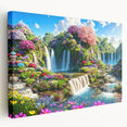 Stretched canvas artwork showcasing a vibrant landscape and garden design, featuring lush greenery and colorful flowers, perfect for home decor enhancement.