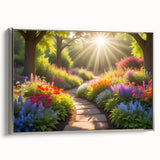Framed canvas wall art featuring a serene landscape garden design with a silver frame, showcasing vibrant colors and intricate details, perfect for home decor.
