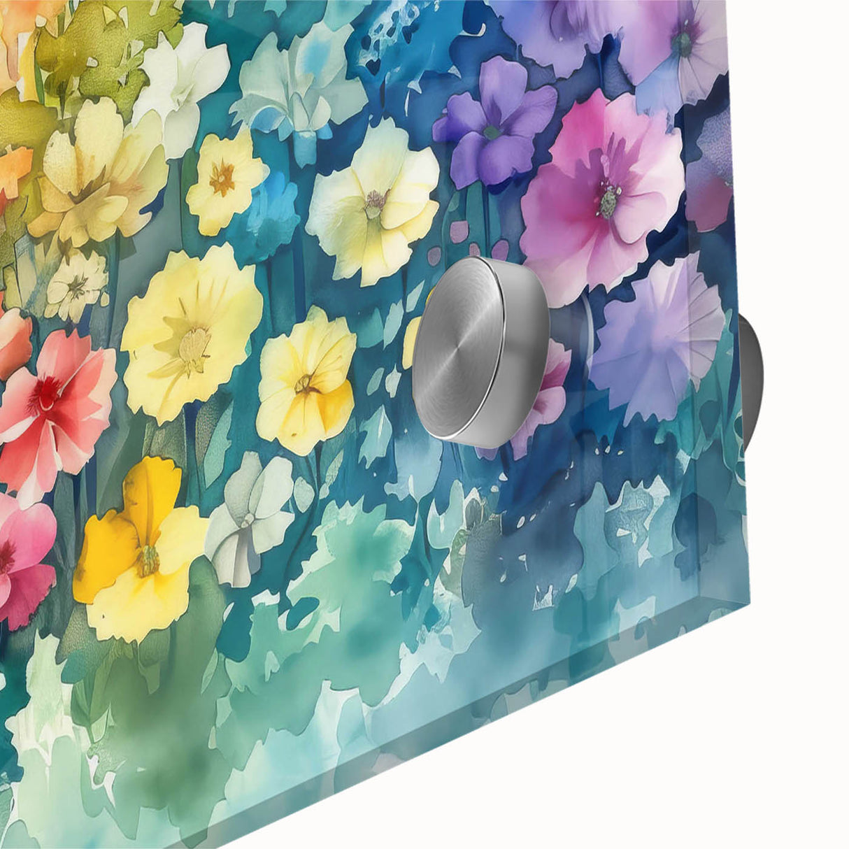 Close-up of a vibrant acrylic glass wall art piece showcasing a stunning landscape garden design, highlighting intricate details and colors, perfect for modern home decor.