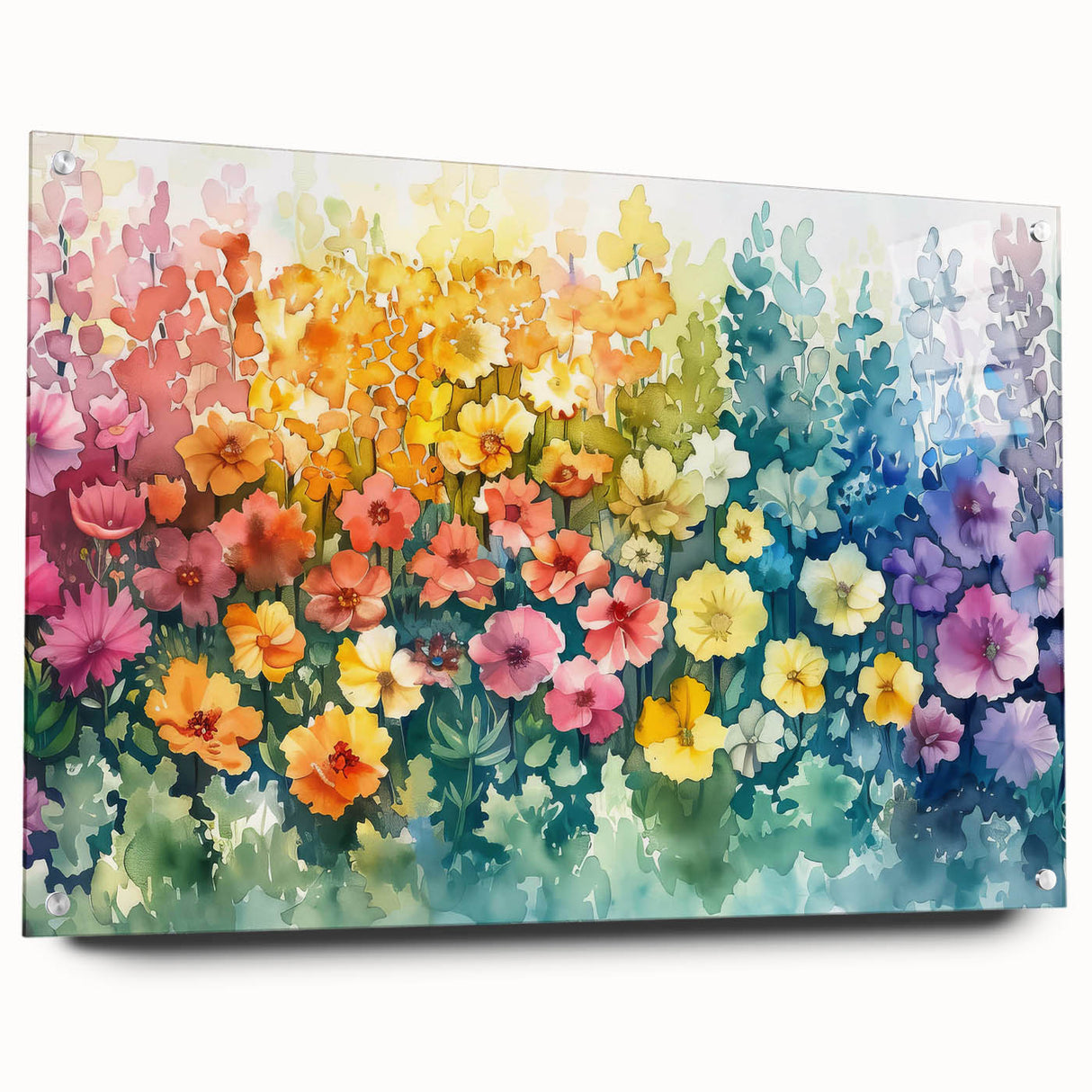 Acrylic glass wall art collection featuring vibrant landscapes and garden designs, displayed in a side view with decorative pins, ideal for home decor.