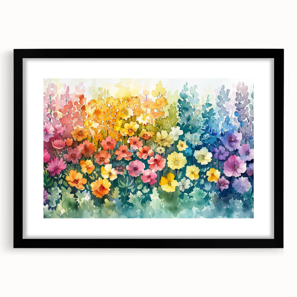 Framed wall art collection showcasing a vibrant landscape garden design in a black frame with a mat, ideal for home decor and art enthusiasts.