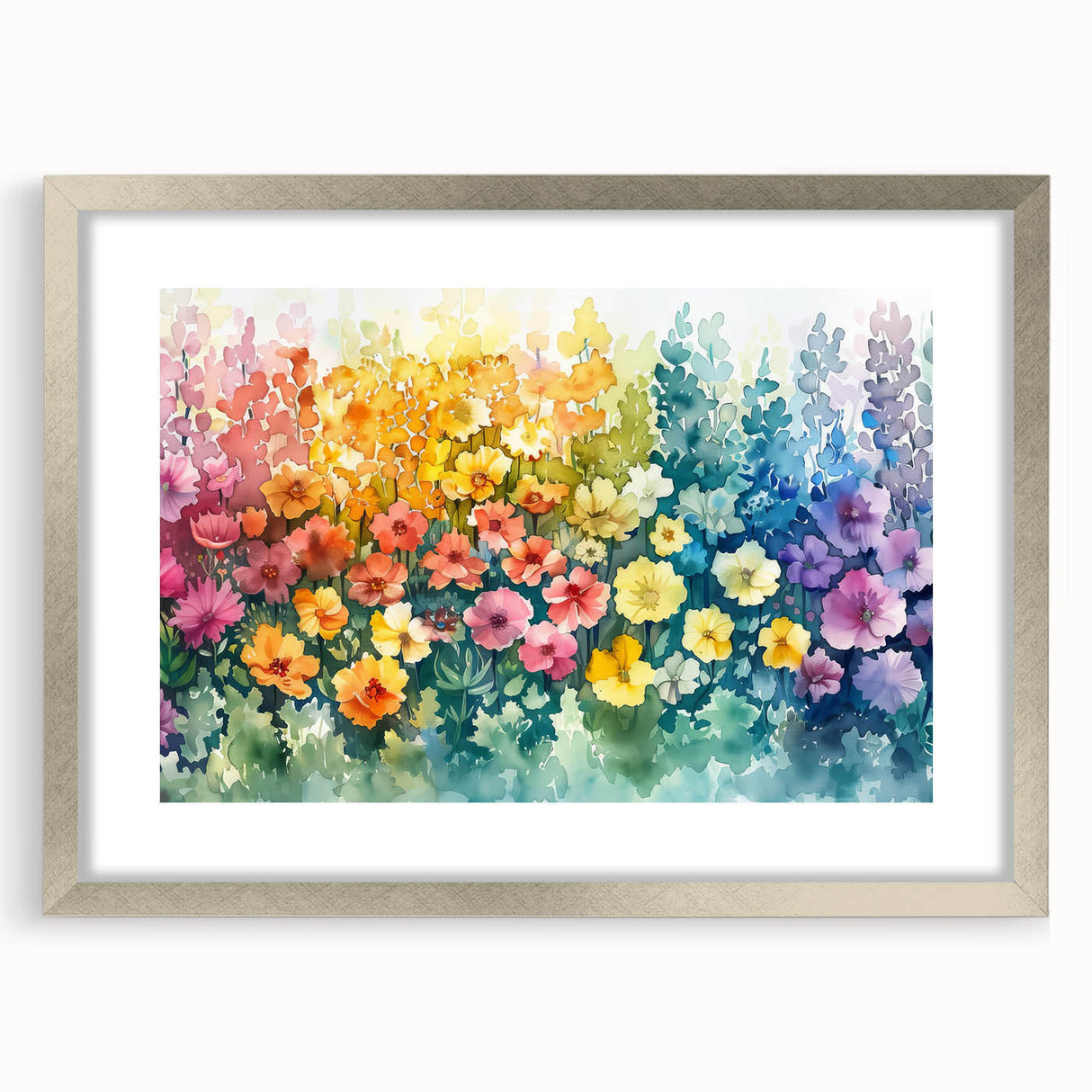 Framed wall art design showcasing a vibrant landscape garden scene, featuring a silver mat, perfect for home decor. Ideal for enhancing interior aesthetics and creating a tranquil atmosphere.