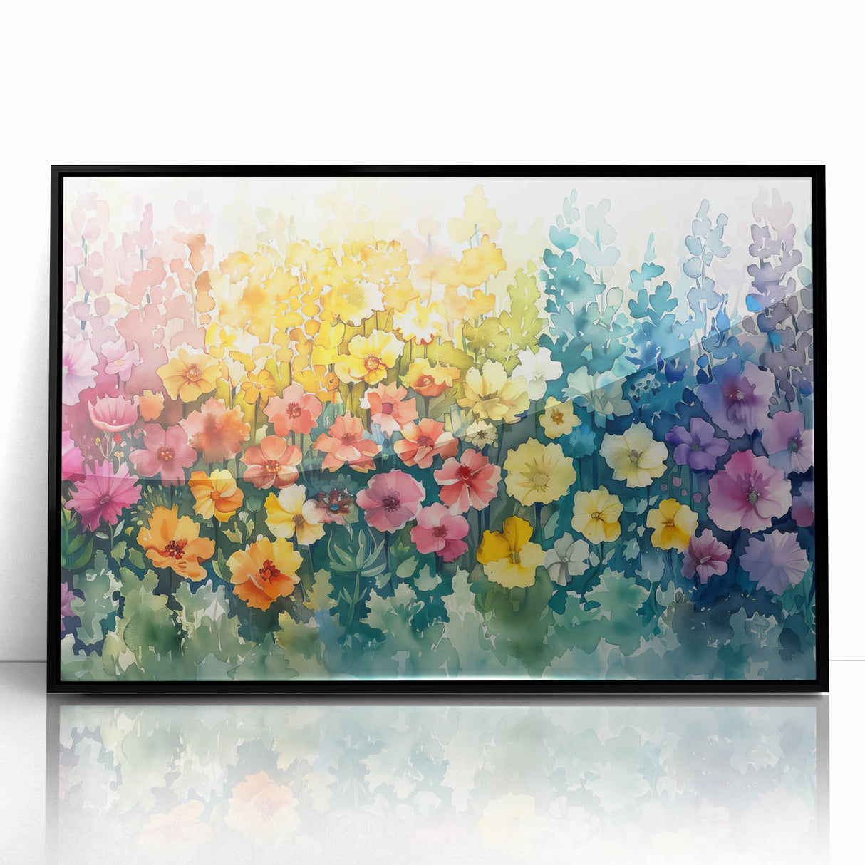Framed wall art featuring a vibrant landscape design with lush gardens and colorful flowers, showcased in a sleek black frame, perfect for home decor.