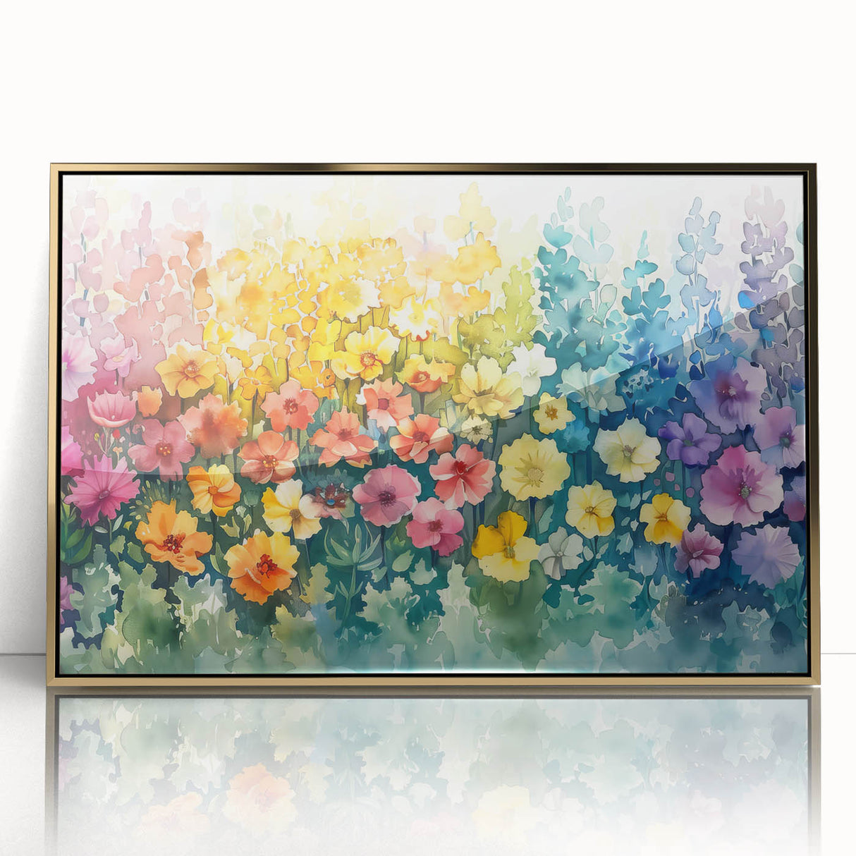 Framed wall art piece showcasing a stunning landscape garden design, featuring vibrant colors and intricate details, set in an elegant gold frame for a sophisticated touch.