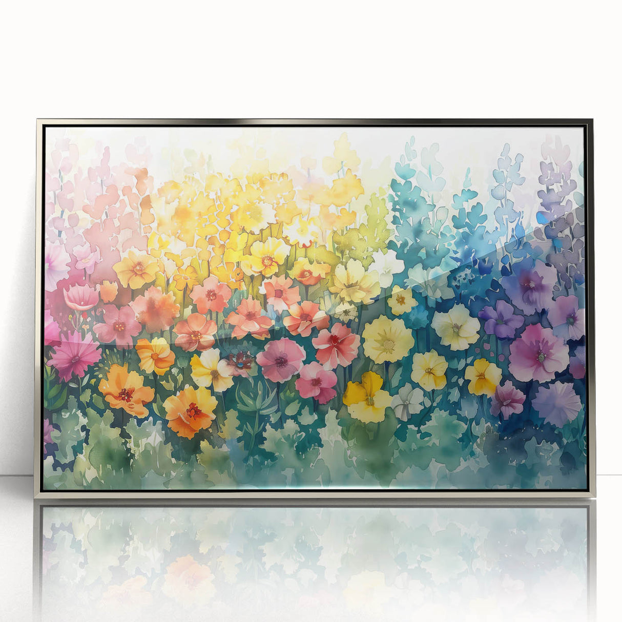Framed acrylic wall art showcasing a vibrant landscape garden design, featuring rich greens and blues, designed to enhance modern home decor.