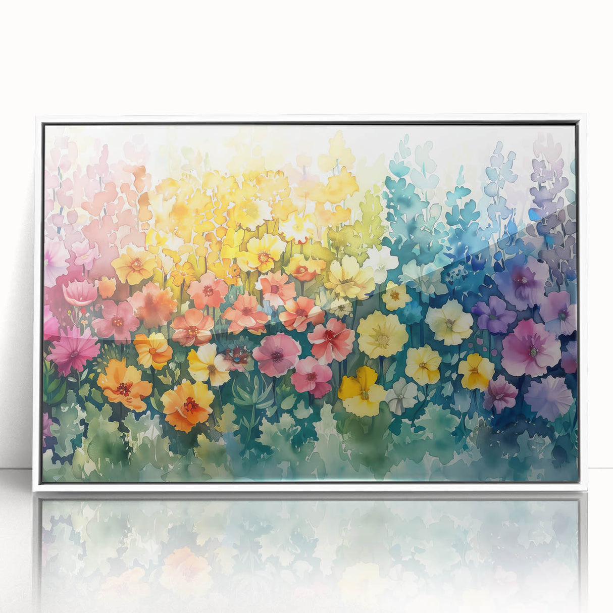 Framed acrylic wall art showcasing a serene landscape garden design, featuring vibrant colors and intricate details, presented in a stylish white frame for modern decor.
