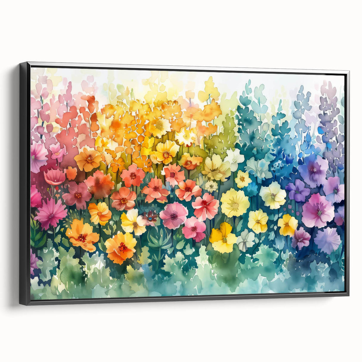 Framed canvas wall art showcasing a serene landscape design with vibrant colors and intricate details, set against a sleek black frame, ideal for modern home decor.