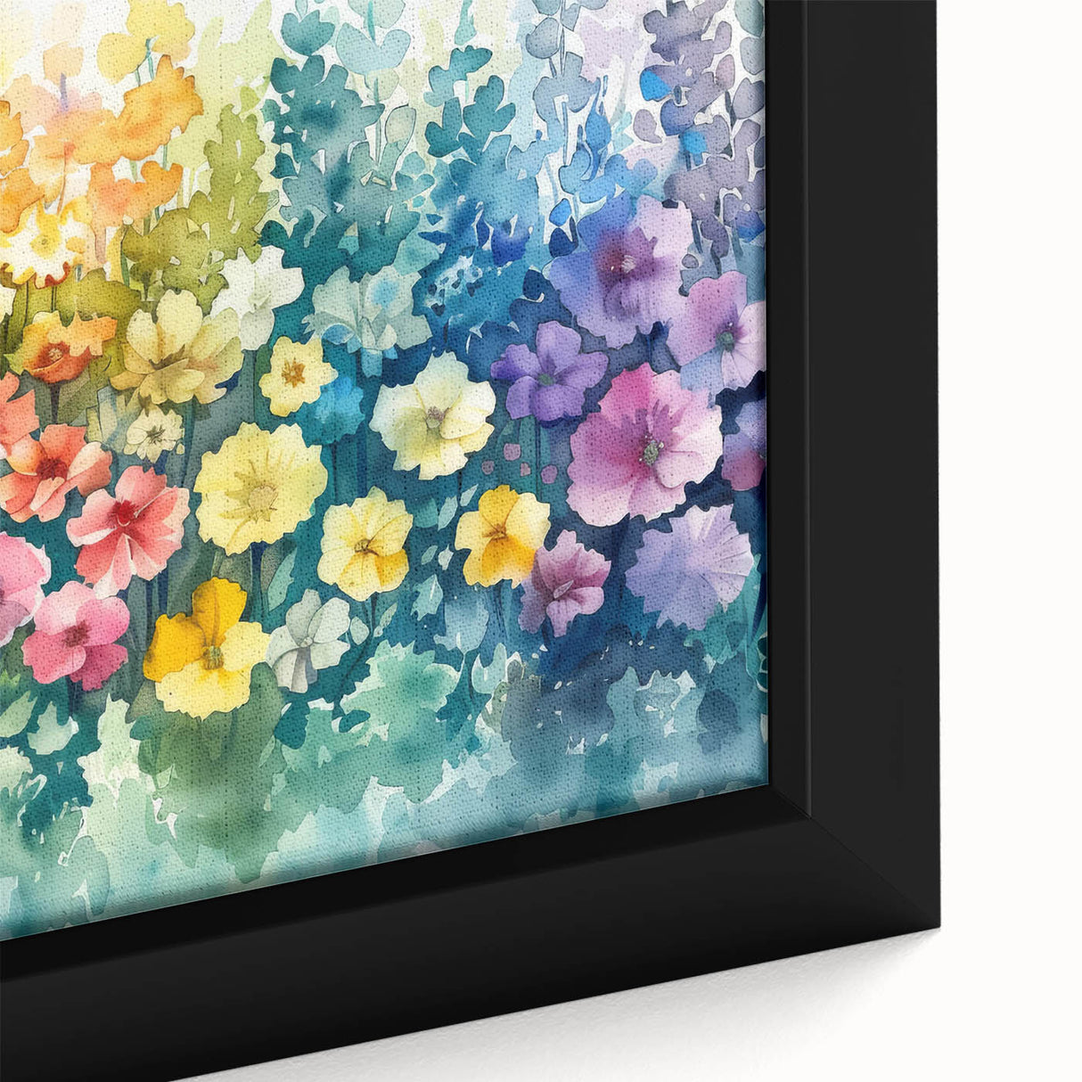 Framed close-up of a vibrant landscape wall art piece featuring lush greenery and colorful flowers, perfect for enhancing home decor with nature's beauty.
