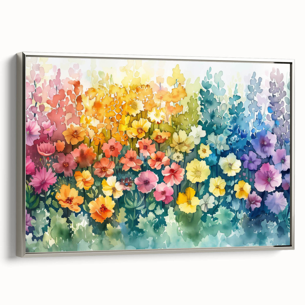 Framed canvas wall art showcasing a vibrant landscape garden design in silver frame, viewed from the side, perfect for home decor or office spaces.