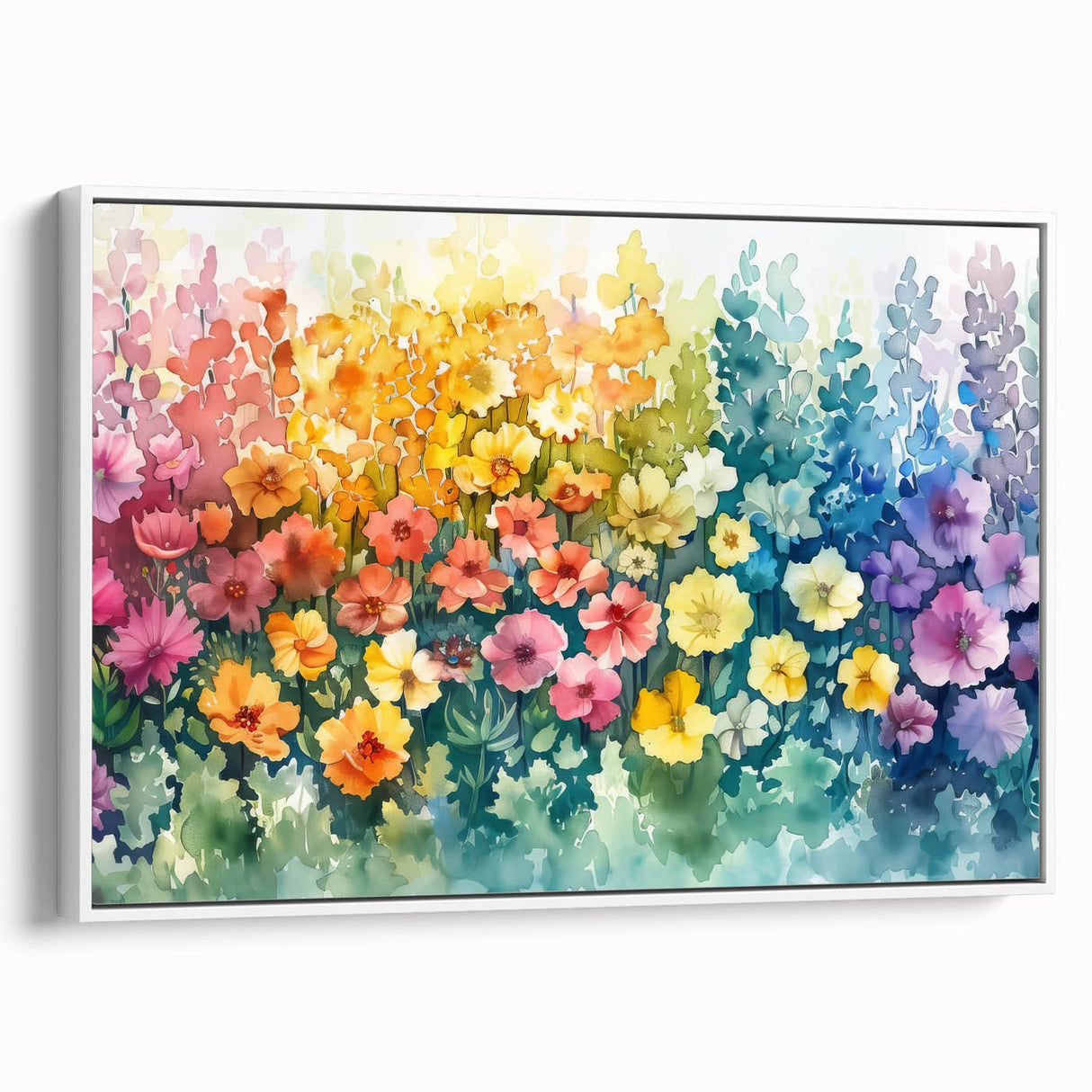 Framed canvas wall art showcasing a serene landscape garden design with vibrant colors and intricate details, displayed from a side view against a white background. Ideal for home decor enthusiasts looking to enhance their living space with nature-inspired art.