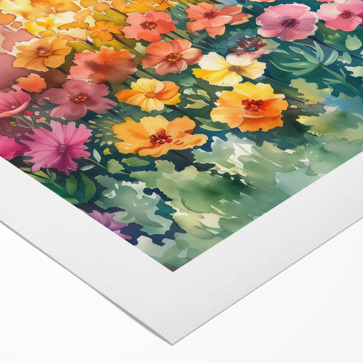 Vibrant rolled canvas showcasing a stunning landscape garden design, featuring lush greenery and colorful floral elements, ideal for home decor.