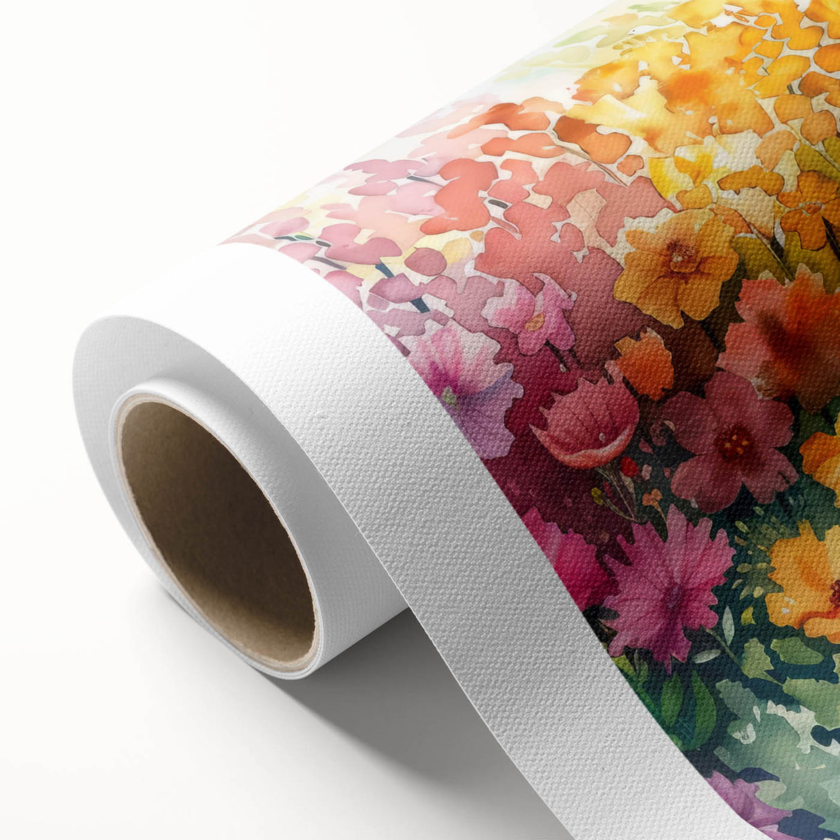 Rolled canvas showcasing a vibrant landscape garden design, featuring lush greenery and colorful flowers, ideal for enhancing home decor with a natural touch.