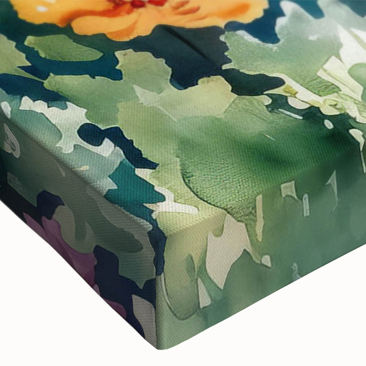Close-up of a stretched canvas showcasing a vibrant landscape garden design, featuring rich colors and intricate details, perfect for home decor enhancement.