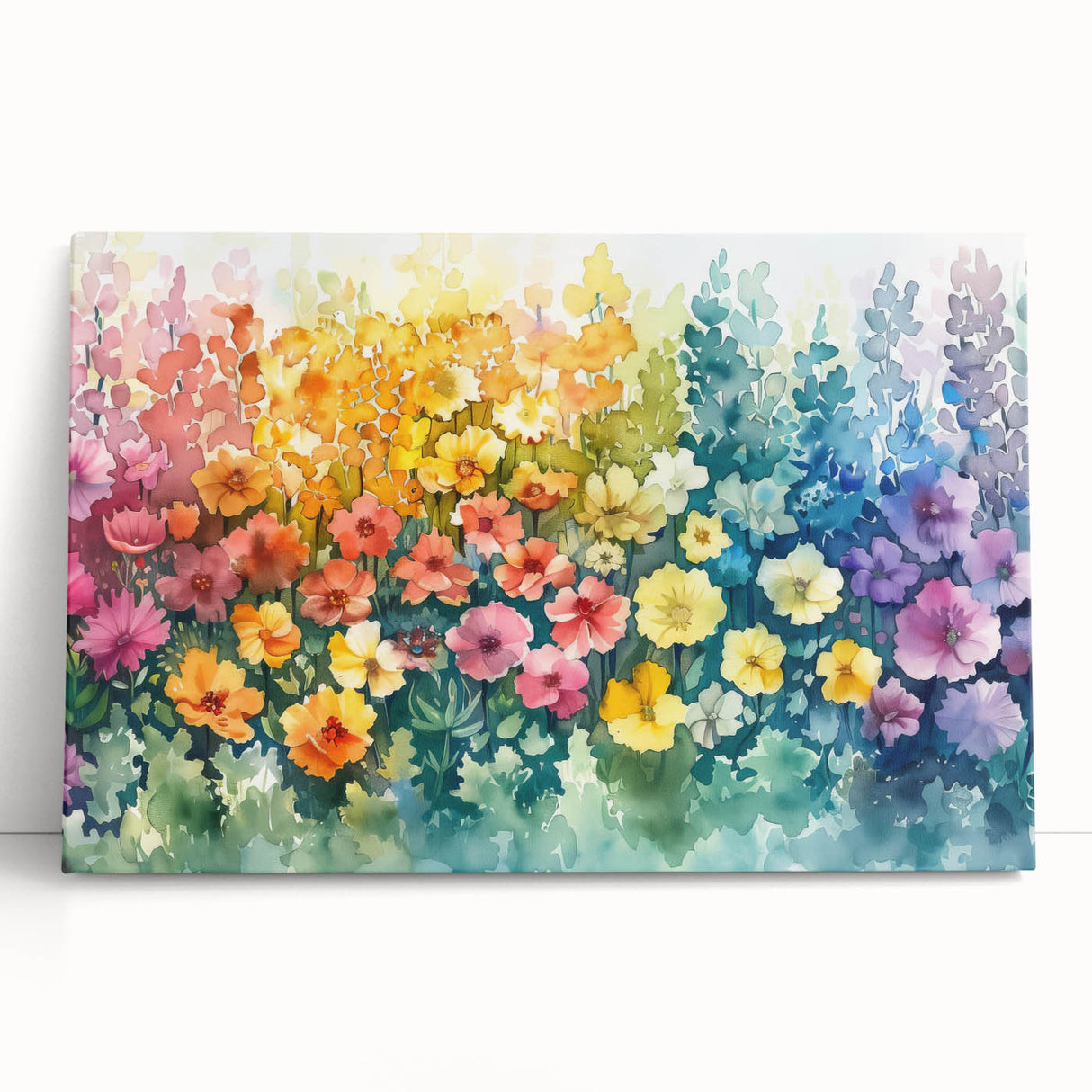Stretched canvas artwork showcasing a vibrant landscape garden design, featuring lush greenery and colorful flowers, perfect for home decor and art enthusiasts.