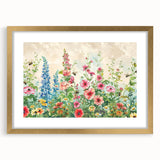 Elegant gold-framed wall art showcasing a vibrant landscape garden design, featuring lush greenery and colorful flowers, perfect for home decor enhancement.