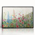 Framed acrylic wall art featuring a contemporary garden landscape design in a black frame, showcasing vibrant colors and intricate details, perfect for modern home decor.