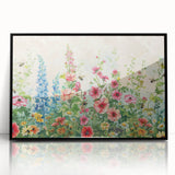 Framed acrylic wall art featuring a contemporary garden landscape design in a black frame, showcasing vibrant colors and intricate details, perfect for modern home decor.