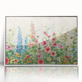 Framed acrylic wall art featuring a vibrant landscape garden design, showcasing lush greenery and colorful flowers, perfect for home decor accents.