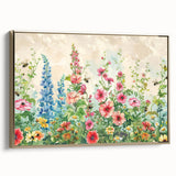 Framed wall art showcasing a vibrant landscape garden design featuring lush greenery and colorful flowers, accented with a gold frame for added elegance. Perfect for home decor.