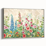 Framed canvas wall art showcasing a beautiful landscape garden design with vibrant colors, presented in a sleek silver frame, ideal for home decor enhancement.