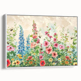 Framed canvas wall art showcasing a vibrant botanical landscape design, featuring lush greenery and colorful flowers, presented from a white side view to highlight its elegant frame. Perfect for enhancing living spaces with a touch of nature-inspired decor.