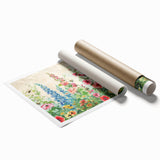 Rolled print of a vibrant landscape garden design featuring lush greenery and colorful flowers, ideal for home decor, packaged securely for delivery.