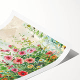 Vibrant rolled wall art print showcasing a serene landscape garden design, featuring lush greenery and colorful flowers, perfect for home decor.