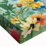 Close-up of a vibrant stretched canvas wall art piece showcasing a colorful garden landscape design, featuring lush greenery and intricate floral details, perfect for home decor.