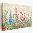 Stretched canvas wall art showcasing a vibrant landscape garden design, featuring lush greenery and colorful flowers, perfect for home decor enhancement.